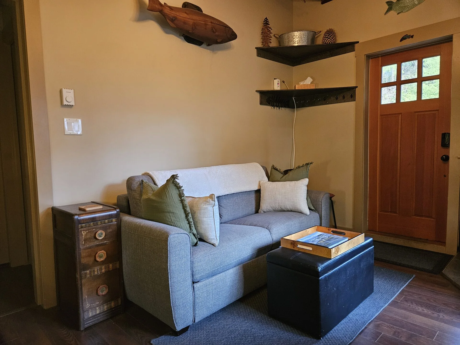 Open plan living area inside Rachael's Retreat vacation cabin Port Renfrew Vancouver Island