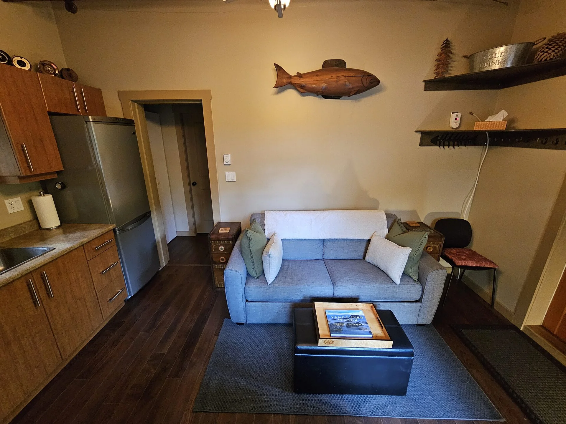 Natural wood panelled interior of Rachael's Retreat cedar cabin Port Renfrew BC