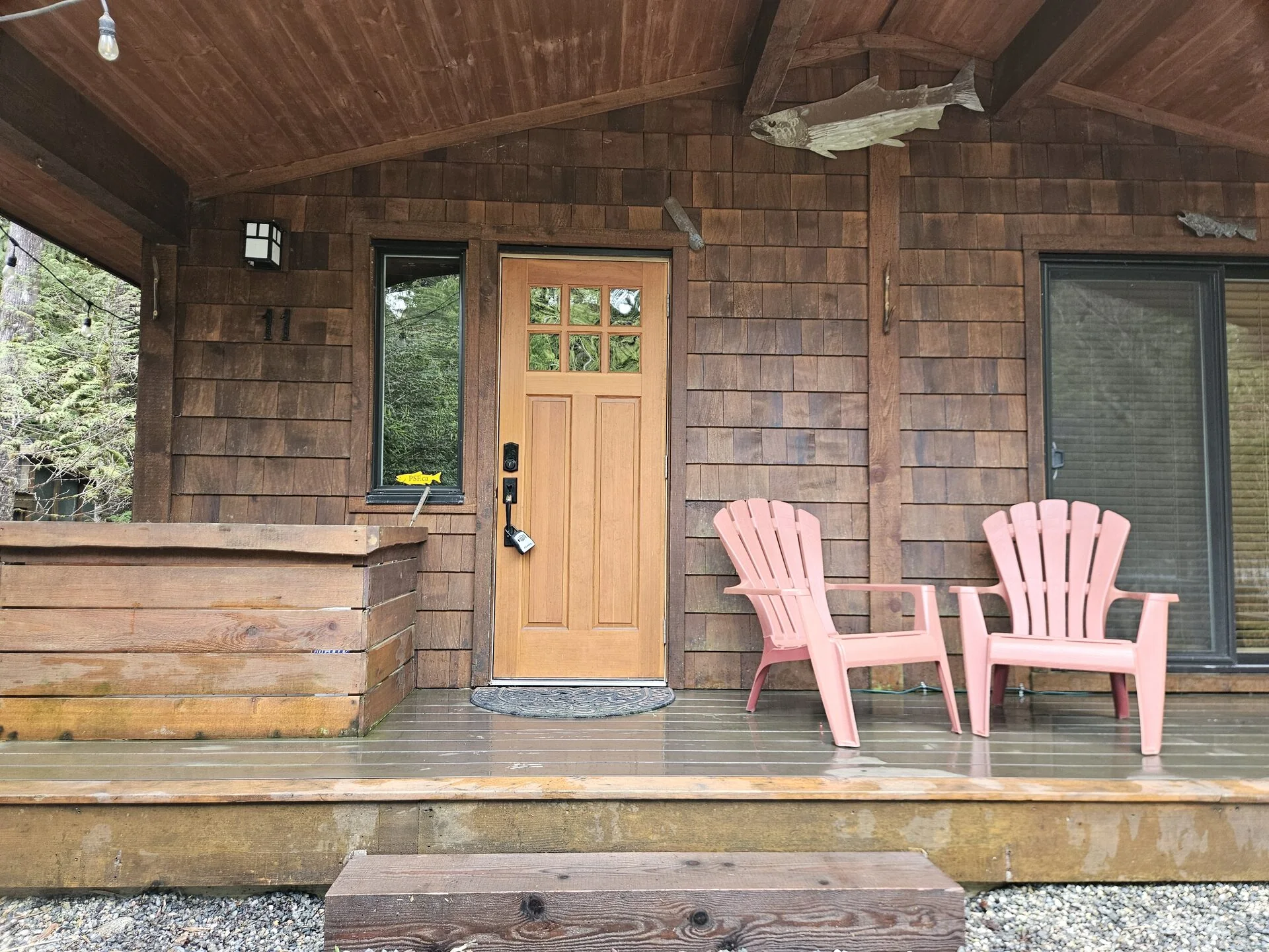 Covered porch detail at Rachael's Retreat Port Renfrew