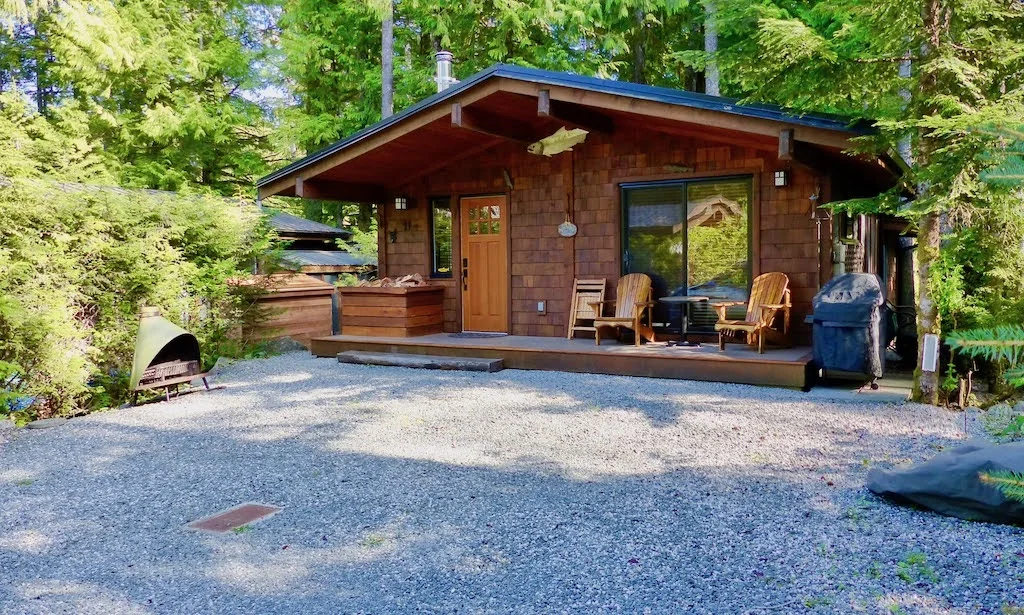 Rachael's Retreat cedar cabin exterior during the day, Port Renfrew BC